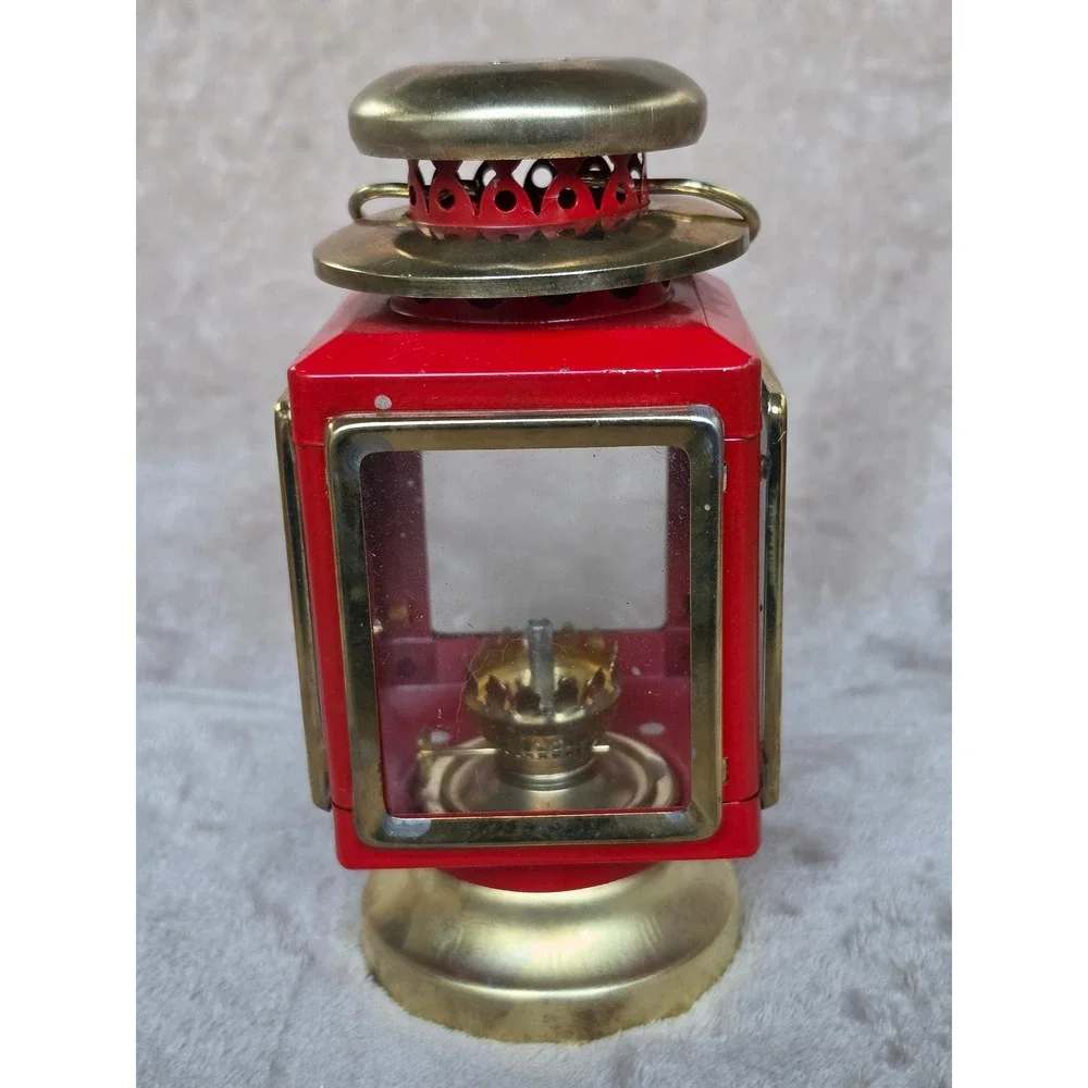 Vintage Red Metal and Brass Miniature Oil Lantern Glass Hurricane Lamp 7.5 inch